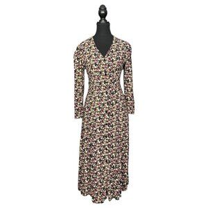 Vintage 90s Floral Rayon Button Front Dress, Long Sleeve Fit and Flare Boho